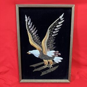 Vintage Sequin Bald Eagle / Framed / Beaded Sewn Velvet / MCM 70's 18.5"x 13" #2